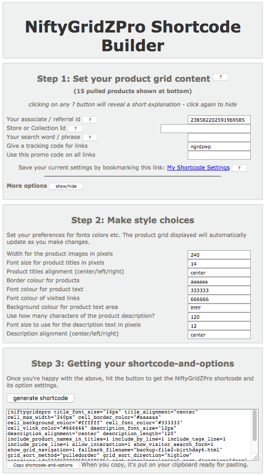screenshot showing what the shortcode builder page looks like