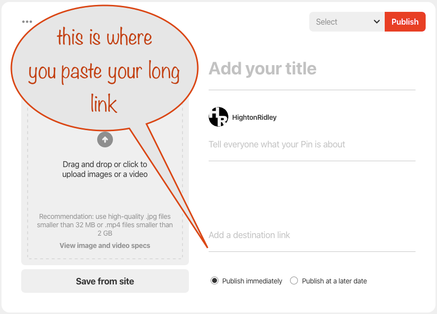 where to paste the long url in a new pin