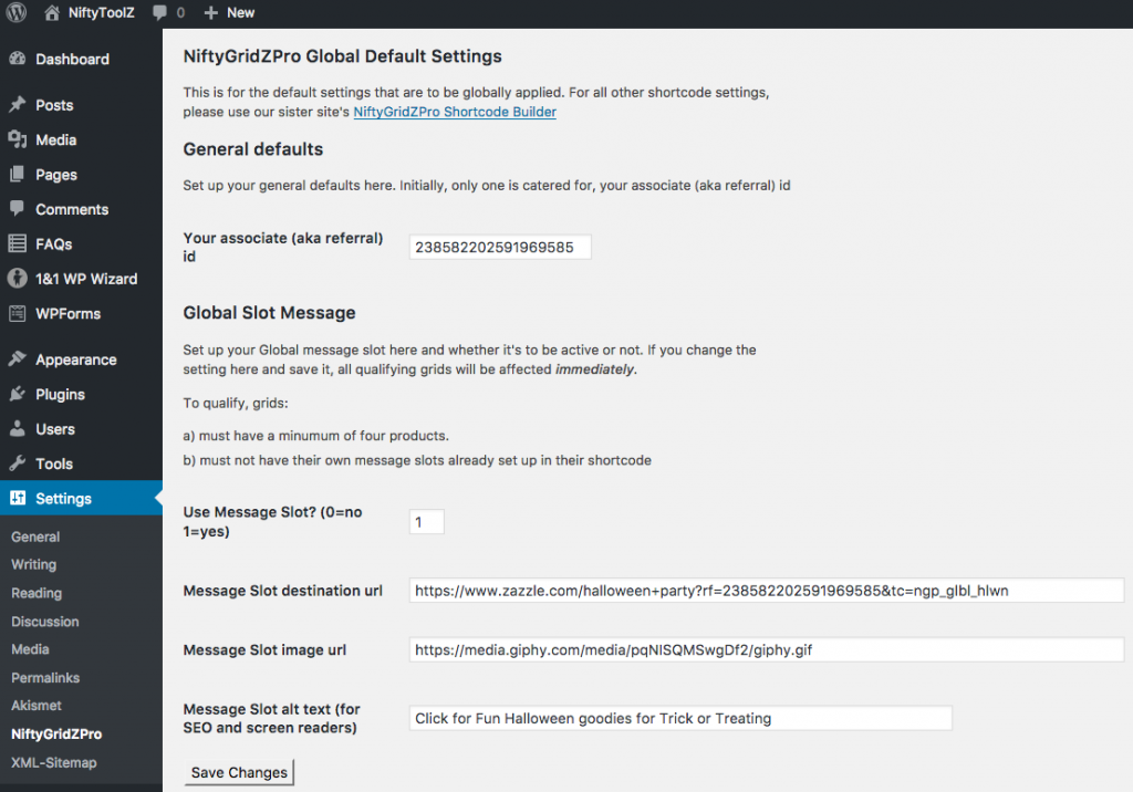 The new NiftyGridZPro settings screen for global defaults