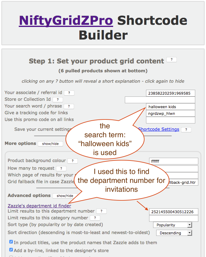 screenshot showing the shortcode builder being used