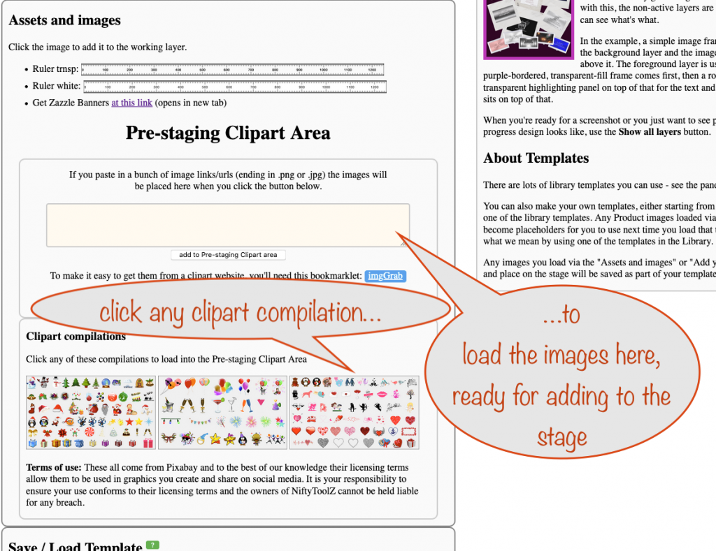 screenshot showing the clipart compilations section and how to use them
