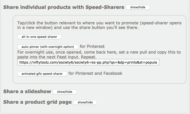 A screenshot showing the speed-sharer options for Society6