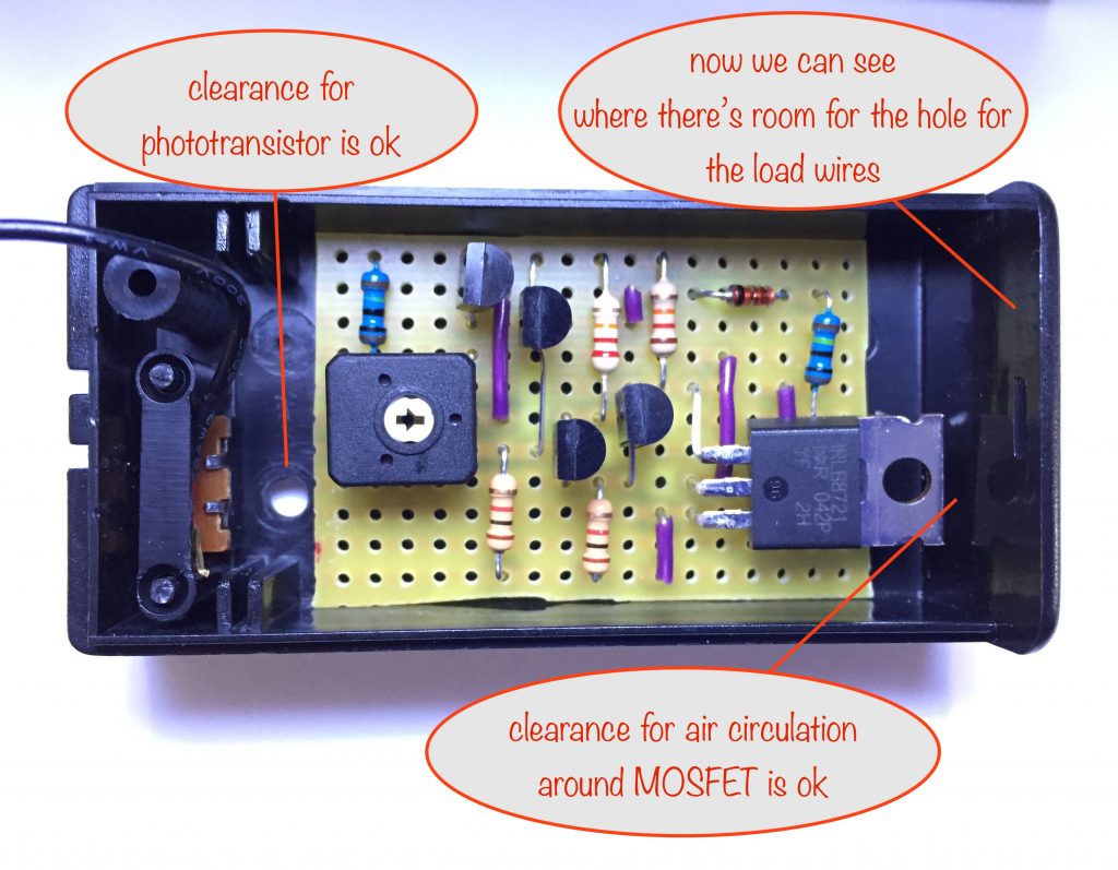 the circuit stripboard for the dark-activated switch in the battery box - checking clearances are ok