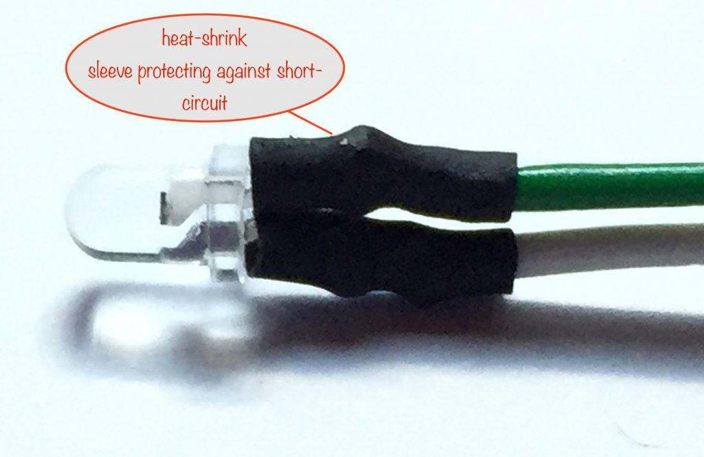 the phototransistor with soldered leads and heat-shrink sleeving