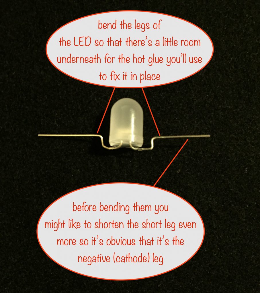 photo showing how to bend the LED legs so room is left for the hot glue