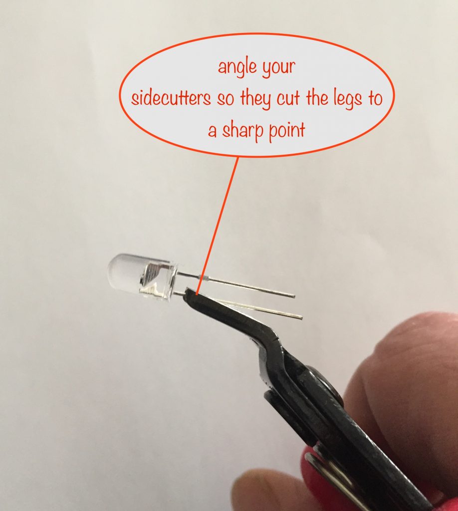 photo showing how to cut the LED legs to a sharp point