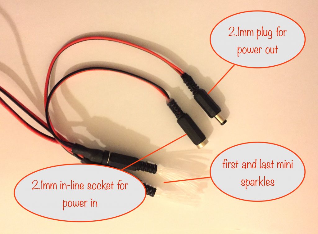 photo showing the recommended power connectors connected to the mini sparkles string