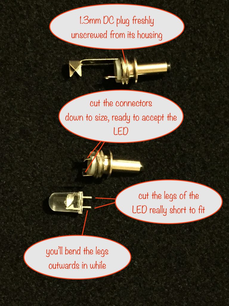 photo showing the preparation for mounting the LED into the DC plug