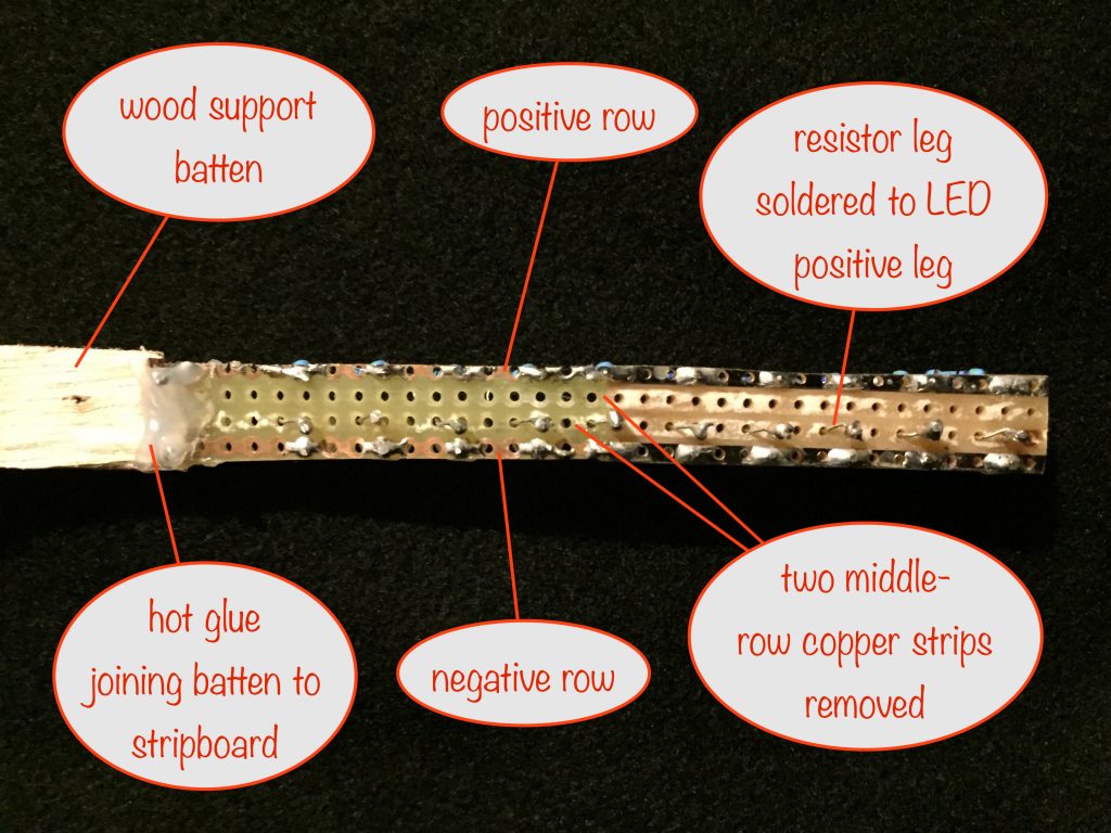 a photo showing the underside of the stripboard detailing the resistor connections to the LED positive legs