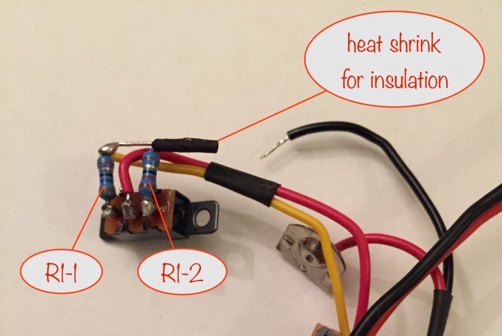photo showing the C/10 charging current resistors R1-1 & R1-2 soldered to the battery box switch