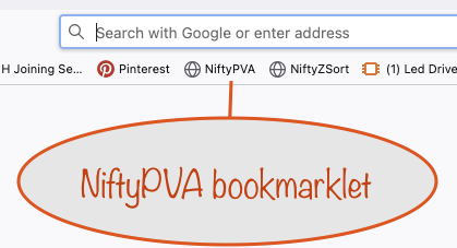 screenshot showing the NiftyPVA bookmarklet in place on the bookmarks toolbar