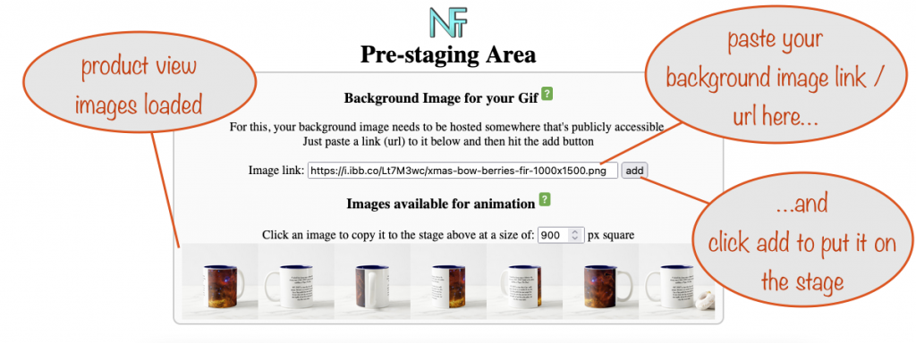 a screenshot showing the pre-staging area with the product view images loaded and a background image link / url pasted in place