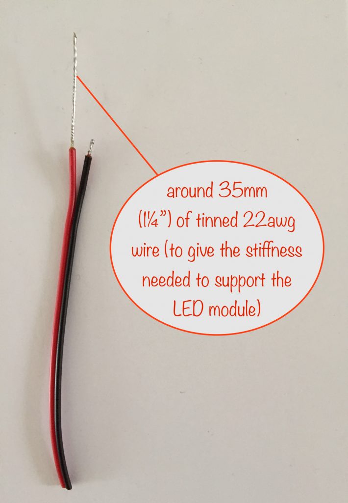 photo showing the stripped and tinned wires, giving the stiffness need to support the LED module