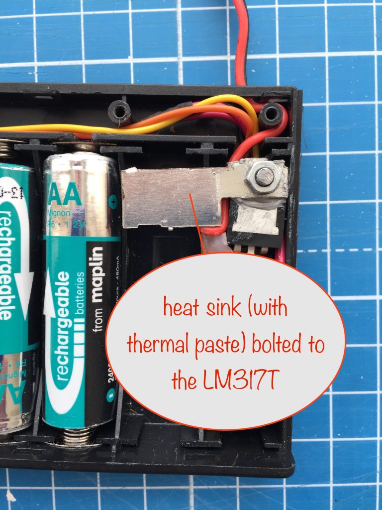 Photo showing the heatsink bolted to the LM317T