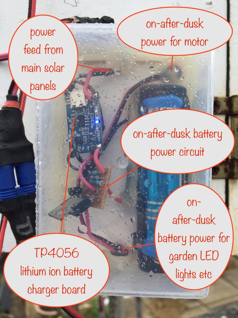 photo showing the battery charger TP4056 module and on-after-dusk circuit