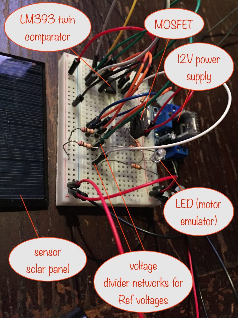 a photo of the breadboard with major components labelled