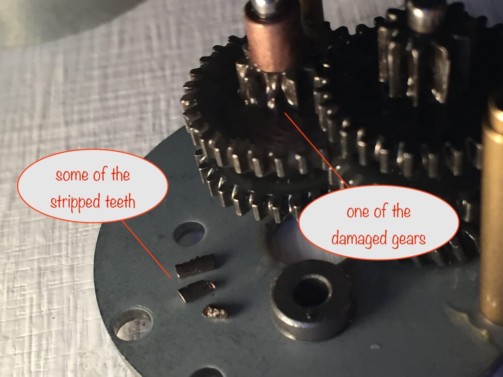 photo showing stripped teeth and damaged gears in the speed reduction gearbox