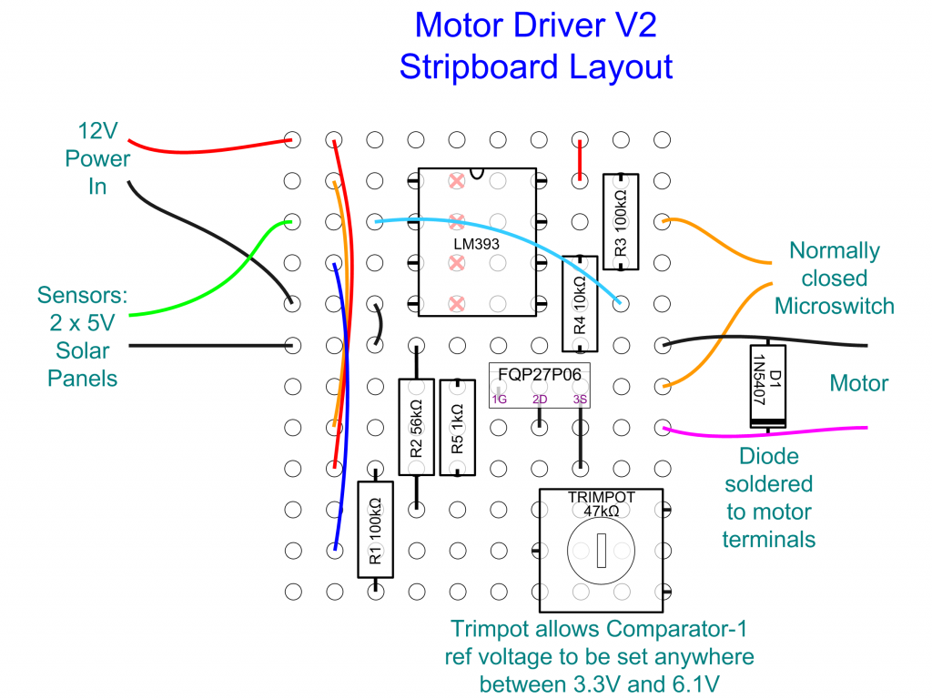 diagram showing the stripboard layout for the motor driver circuit