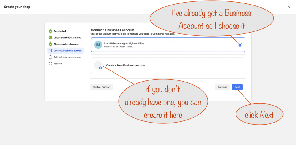 screenshot showing the choice of Business Account to connect to the Page and its Shop