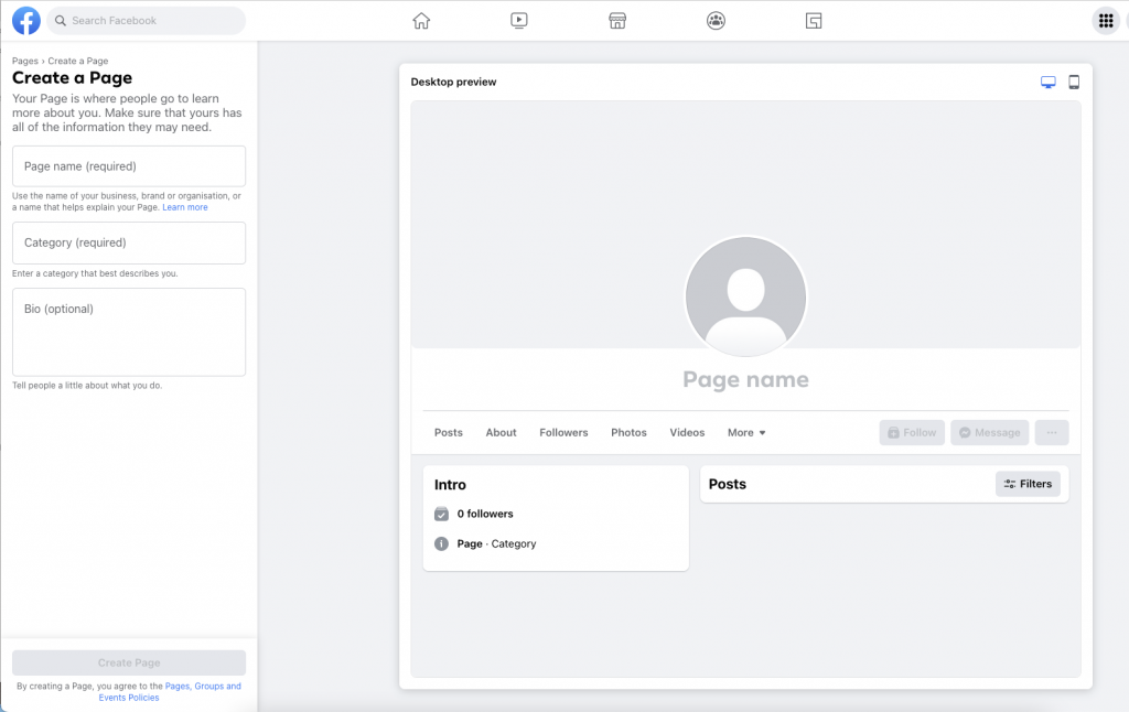 screenshot of the start of creating a new Facebook business page