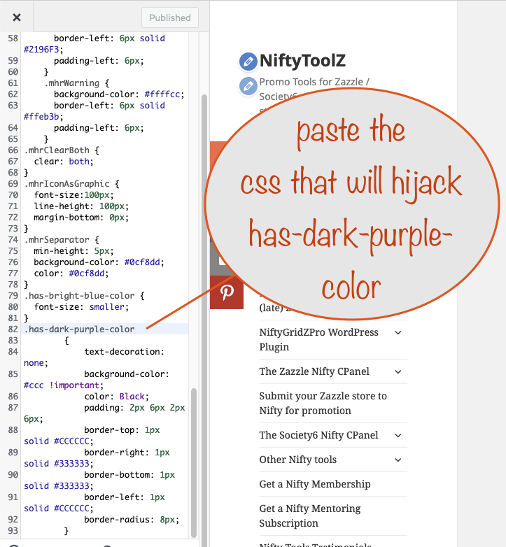 a screenshot showing the new has-dark-purple-color css definition pasted into the additional css area