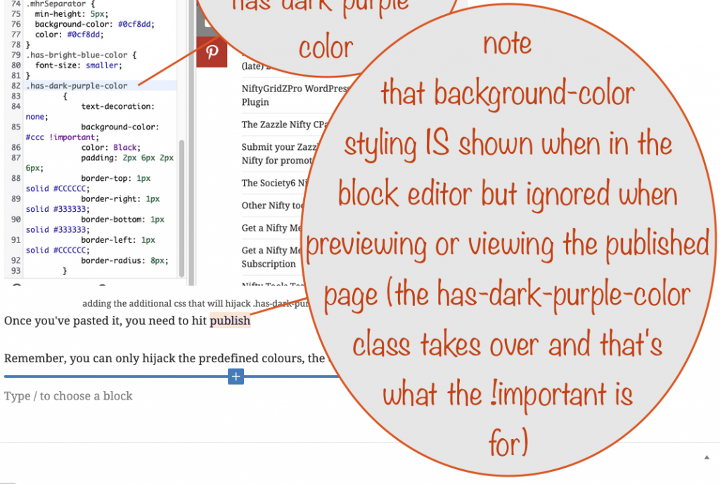 a screenshot showing how the background colour set via the rich text drop down is shown when editing the post / page