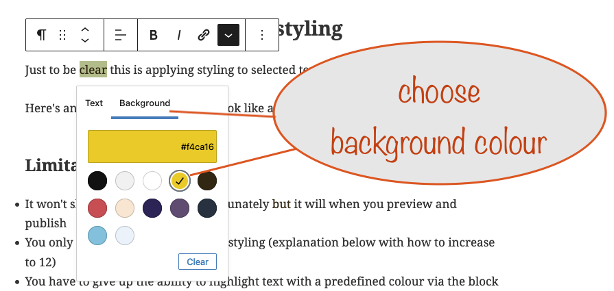 a screenshot showing how to set the text's background colour in the rich text dropdown