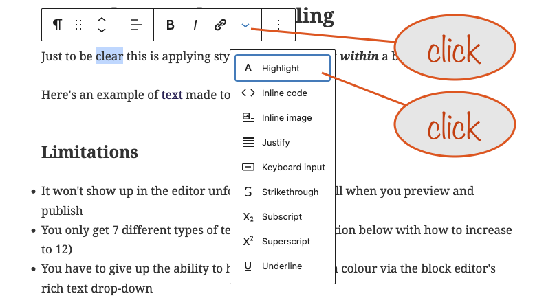 a screenshot showing the rich text dropdown in the block editor