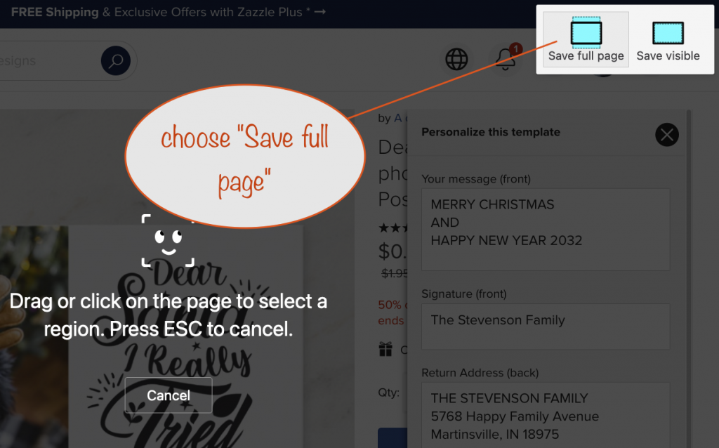 a screenshot showing the options to either "Save full page" or "Save visible"